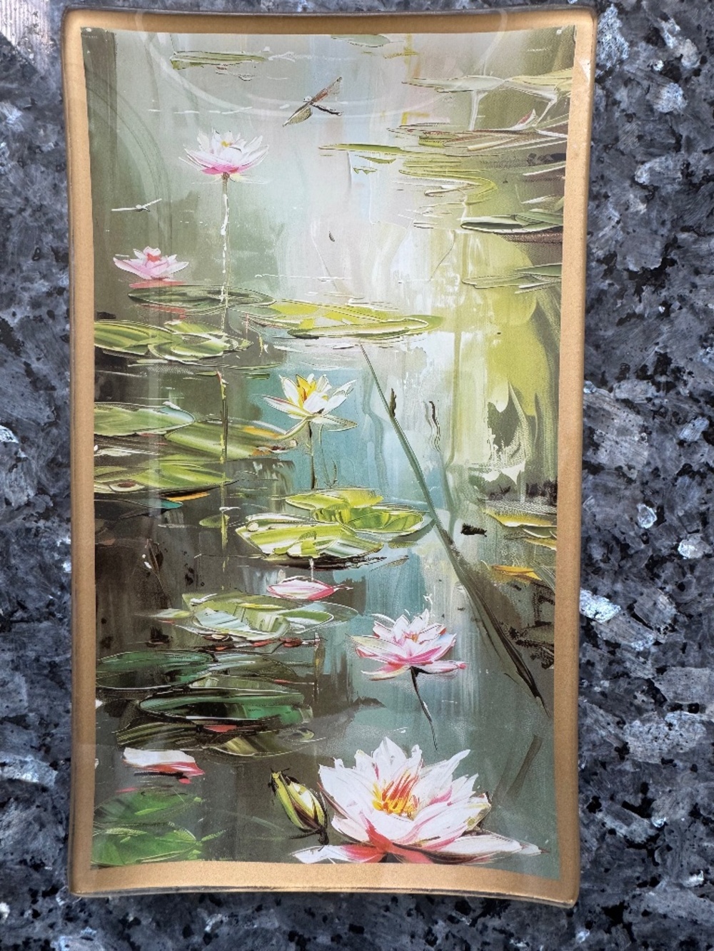 Stunning Glass Dragonfly Frog Pond + Lily Pad Serving Trinket Dish Tray New